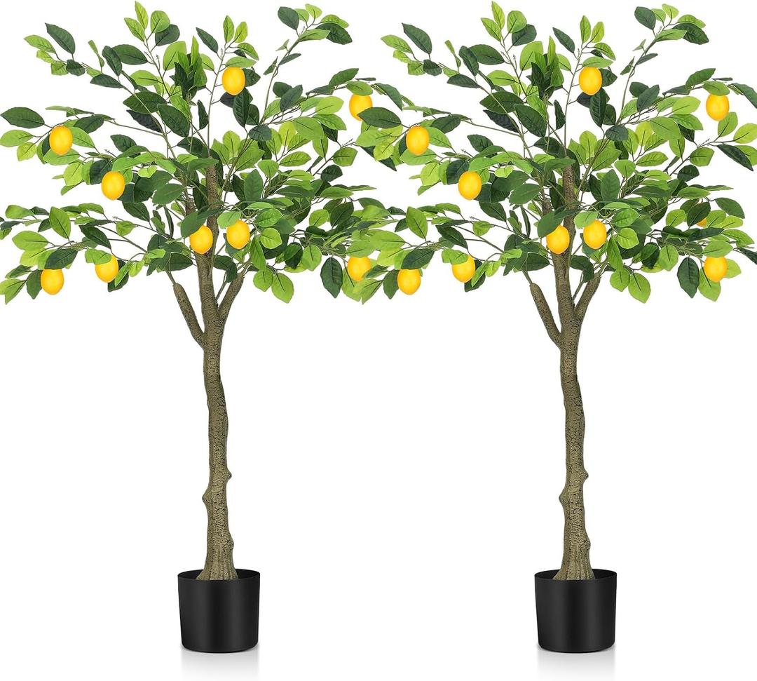 Jexine 2 Pack Artificial Lemon Tree 3 ft Tall Fake Plant Pre Potted Faux Lemon Tree Realistic Fruits for Indoor Home Decor Office Living Room