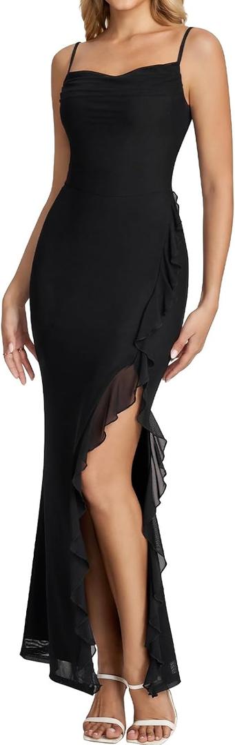 XinFSh Women's Floral Wedding Guest Maxi Dress Ruffle Spaghetti Strap Bodycon High Slit Long Formal Cocktail Party Dresses, Black, Large