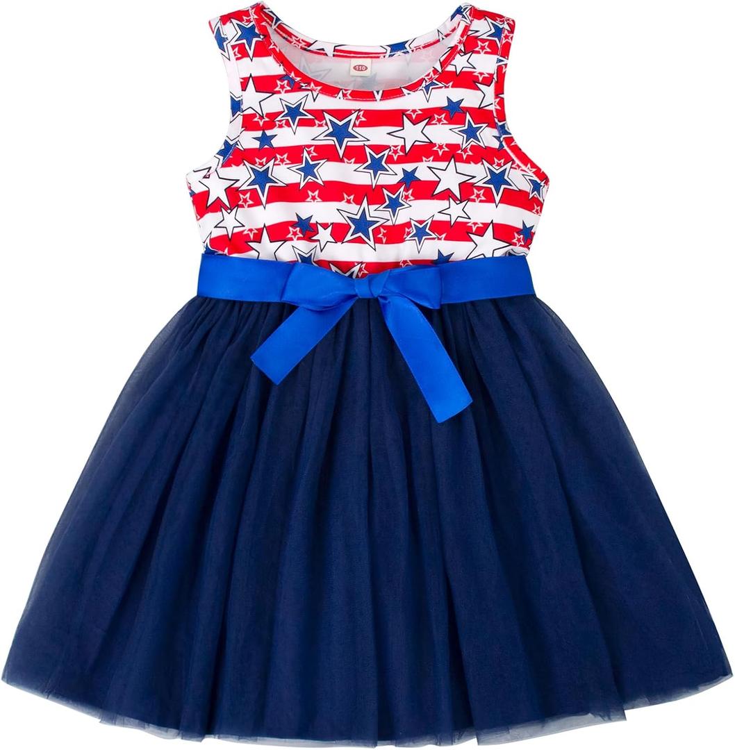 Magic Park 1-6Y Baby 4th of July Dress Toddler Independence Day Dresses Girl Patriotic Outfits Star Stripe A-line Tulle Skirt(Red White Blue Sleeveless, 1-2T)