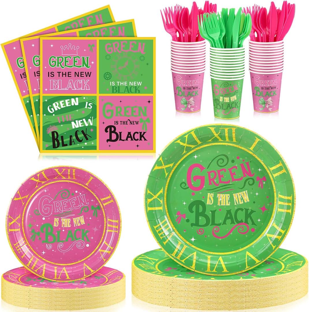 168 Pcs Green and Pink Supplies Princess and Witch Tableware Set Paper Plates Napkins Cups and Tableware Sets for Girls Birthday Party Dinnerware Supplies Decor, Serves for 24 Guest