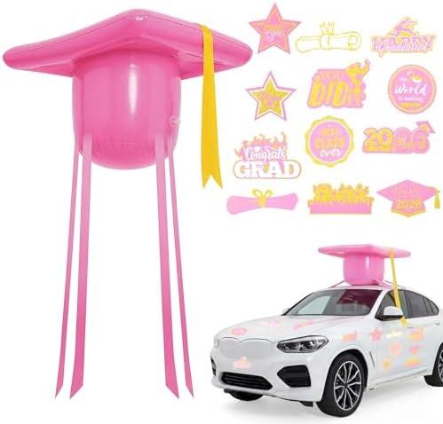 Teyva Daily Graduation Car Decorations Kit for Class of 2026 Large Inflatable PVC 20 Inch Graduation Cap and 18 Pcs Grad Magnet Sticker for 2026 Grad Prom Party Golf Cart Decor(Pink)