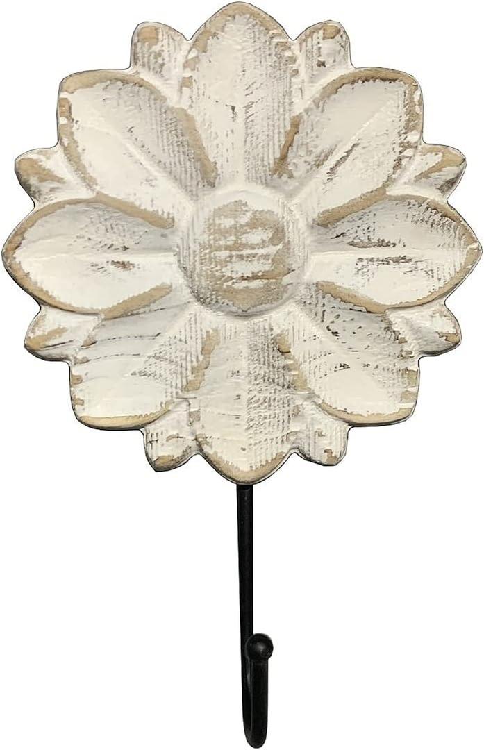 Decorative Boho Flower Towel Hooks, White Distressed Wood Hanging Hooks, Farmhouse Boho Coat Rack Hooks for Hanging Things, Towels, Purse Decorative Boho Flower Towel Hooks, White Distressed Wood Hanging Hooks, Farmhouse Boho Coat Rack Hooks for Hanging Things, Towels, Purse