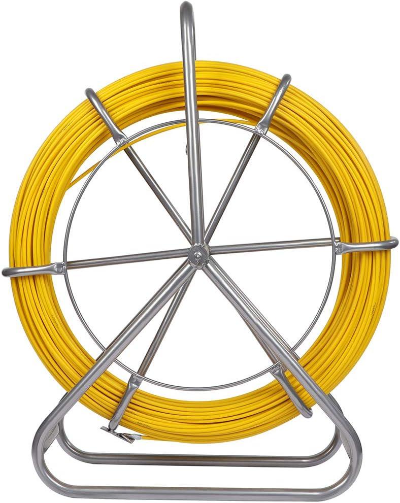 FAHKNS 425FT Fish Tape Fiberglass 1/4 inch(6MM) Fishing Wire Puller Duct Rodder Cable Running Electrical Fishtape Tool Rod with Steel Reel Stand Through Wall Pipe Length Marking in Meter