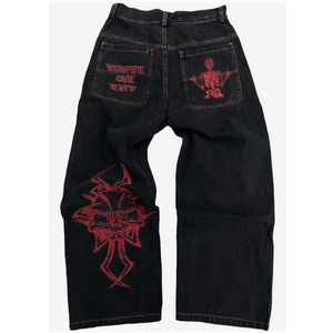 Y2K Jeans Men's Hip Hop Vintage Skull Embroidery Wash Denim Pants Gothic Straight Tube Loose Wide Leg Pants XL