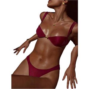 SHENHE Women's Thong Bikini Set High Cut Brazilian Swimsuits Balconette Top Shiny Bathing Suits Medium