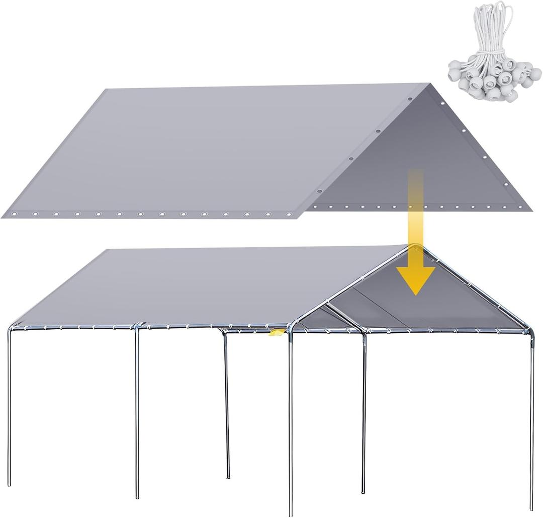 12 x 20 ft Heavy Duty Canopy Replacement Cover Waterproof Carport Garage Car Shelter Tarp Tent for Car Canopy with 50 Ball Bungees, Only Top Cover, Frame is Not Included Grey