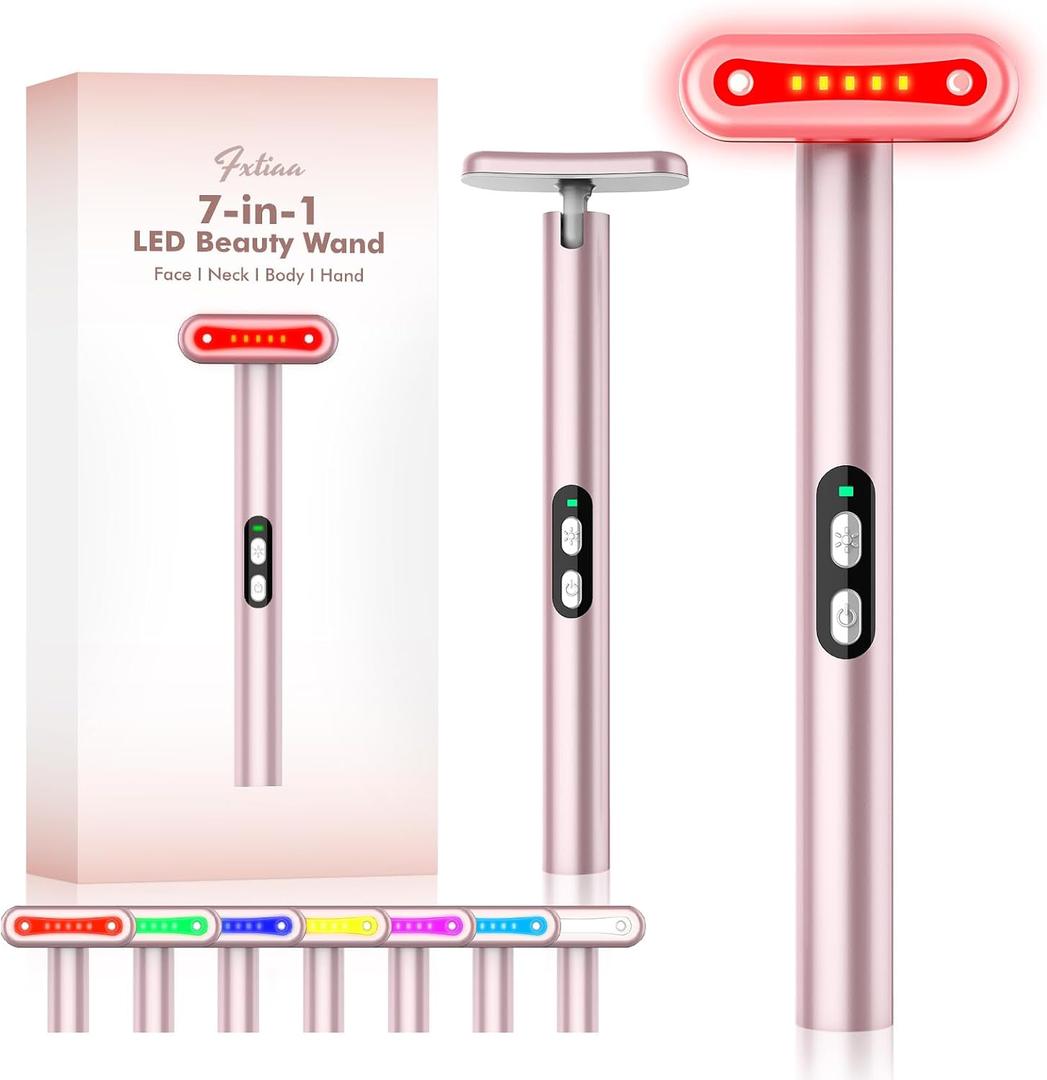 Red-Light-Therapy-Wand, 7 Colors LED Facial Light Therapy Wand for Face and Neck Rejuvenation, Face Massager Eye Beauty Tool at Home (Rose)