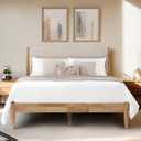 Wood Bed Frame with Upholstered Headboard Wooden Platform with Silent Slat Support Mattress Foundation No Box Spring Needed, Easy Assembly (Full, Oat)