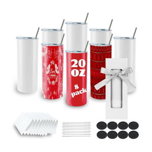 8 Pack Straight Sublimation Tumblers bulk 20 oz Skinny,Stainless Steel Double Wall Insulated Tumbler Cups Blank White with Lid, Straw, Individually Boxed,Polymer Coating for Heat Transfer