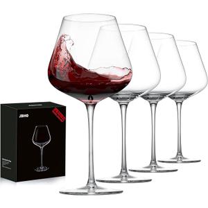 JBHO Set of 4-21 Ounce Hand Blown Italian Style Crystal Burgundy Wine Glasses - Lead-Free Premium Crystal Clear Glass - Gift-Box for any Occasion