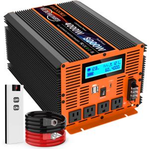4000 Watt Pure Sine Wave Power Inverter 12V DC to 110V 120V Converter for Family RV Off Grid Solar System Car with Type-C Ports 4 AC Power Outlets Dual USB Ports LCD Display and Remote Control