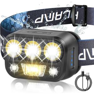Headlamp Rechargeable - High Performance LED Headlights Flashlight, Waterproof, Press and Inductive Switches, 6 Modes and 45 Adjustable, Flashlight Lightweight Headlamp for Camping Running Fishing