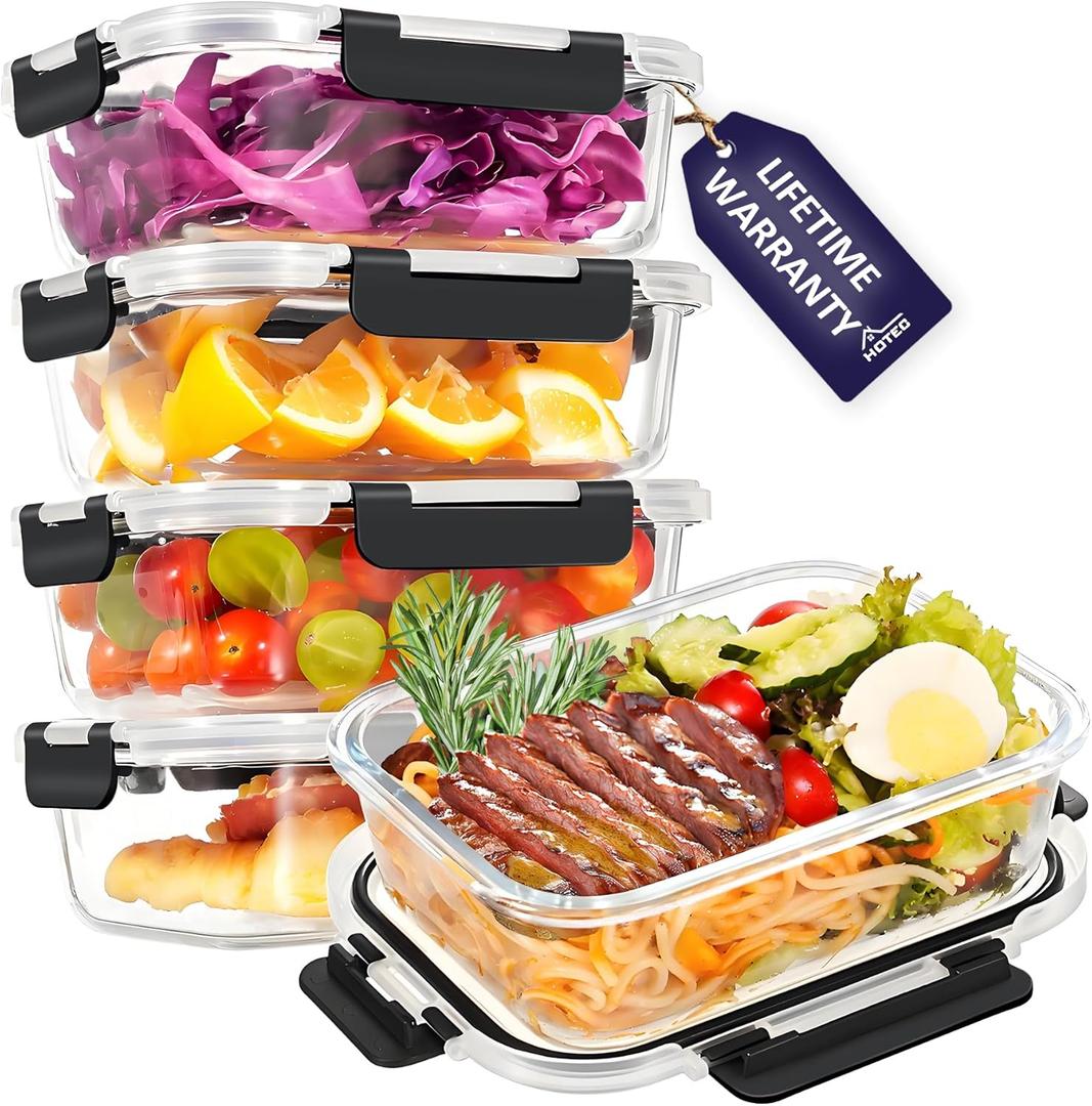 HOTEC 35OZ Glass Food Storage Container, Airtight Glass Lunch Fruit Containers with Lids - Microwave, Oven, Freezer and Dishwasher Safe, 4-PACK