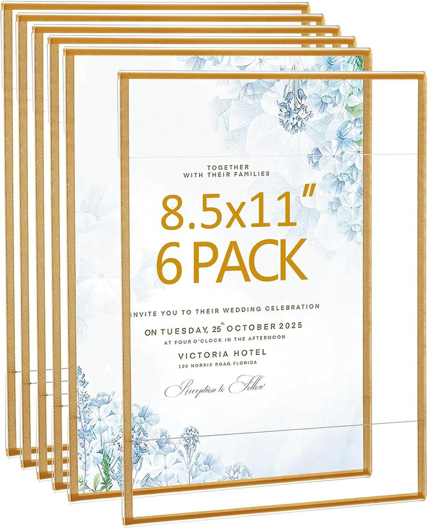 Acrylic Picture Frames 8.5x11 Set of 6,Gold Photo Frames Collage Wall Decor,No Drilling 8.5x11 Floating Hanging Picture Frames for Home, School, Office - Gold Color