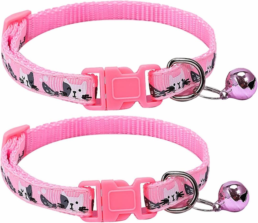 Cat Collar Breakaway with Bell, Cat Little Fish Design Durable Adjustable Safety Kitty Kitten Collars 7.5-12in Set of 2 (Pink)