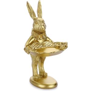 ELLDOO Small Golden Bunny Figurine Jewelry Ring Tray Decorative Serving Rabbit Statue Ornament Animal Sculpture Home Arts Desktop Accessories Table Decor, Standing Bunny