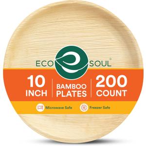 ECO SOUL 10 Inch Disposable Bamboo Plates (200 Pack, Round) | Premium, Natural, Food-Safe, Heavy Duty, Compostable, Eco-Friendly, Biodegradable, Best For Events, Parties, Weddings, BBQs