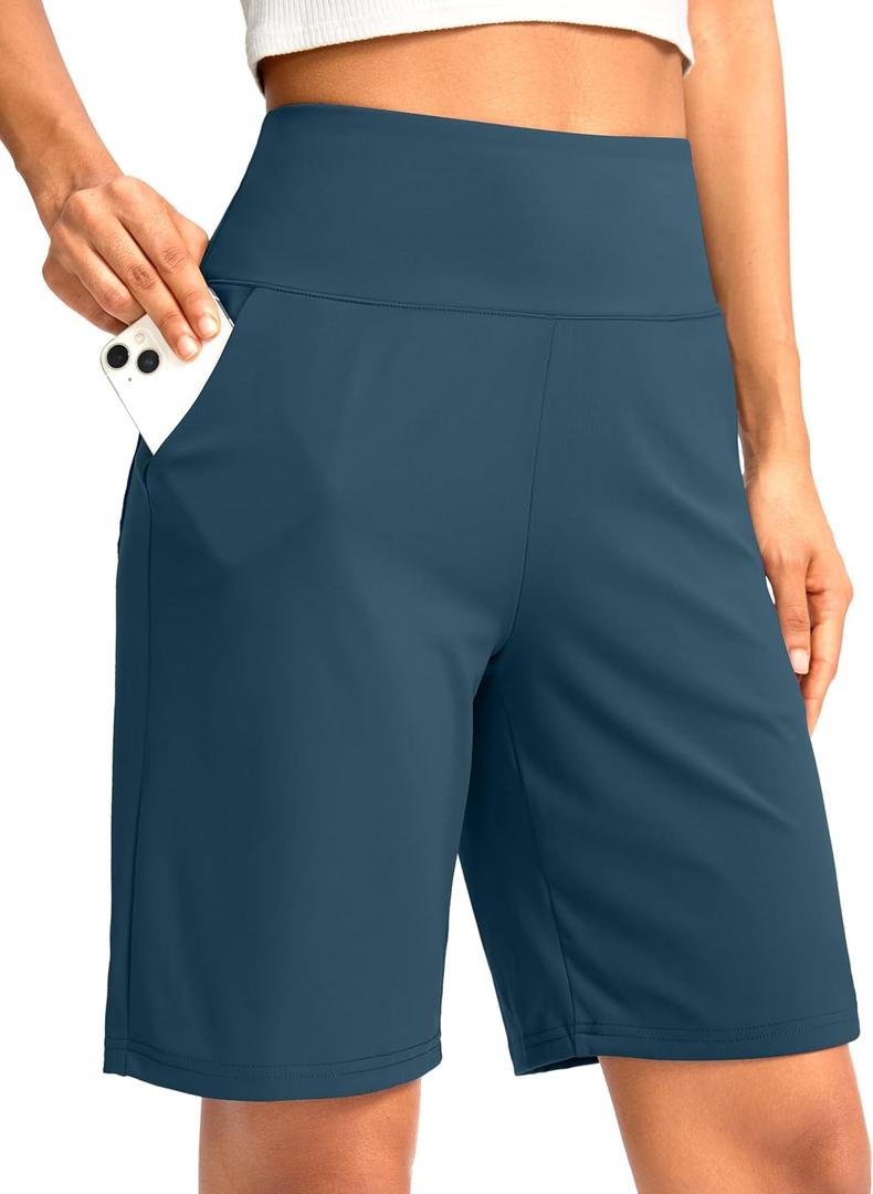 G Gradual Women's Bermuda Long Shorts with Pockets 9" High Waisted Shorts for Women Walking Athletic Workout (Blue, M)