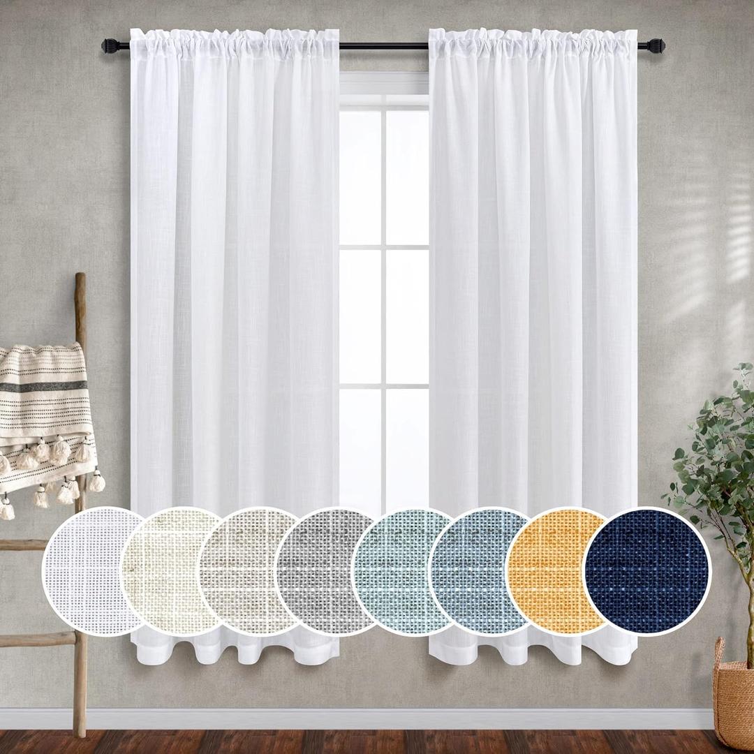 Solid White Curtains 63 Inch Length for Windows Pair Rod Pocket Soft Linen Drapery Panel Semi Sheer Neutral Cotton Canvas Look Translucent Curtain for Bedroom Dining Room Country Cottage Decor 63 Long (52"W x 63"L (Pack of 2))