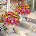 Artificial Faux Plants Flowers Outdoor Decoration,16 Bundles Fake Silk Colorful Daisy Eucalyptus Realistic UV Resistant for Outside Home Planter Porch Patio Yard Decor (Mix Purple Pink Yellow Red)