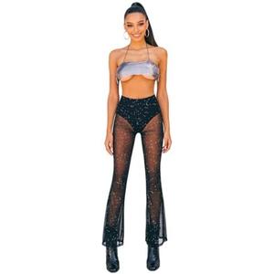 Women Rave Mesh Sheer Pants Flared Bell Bottom Pants for Dance Festival Clubwear, M
