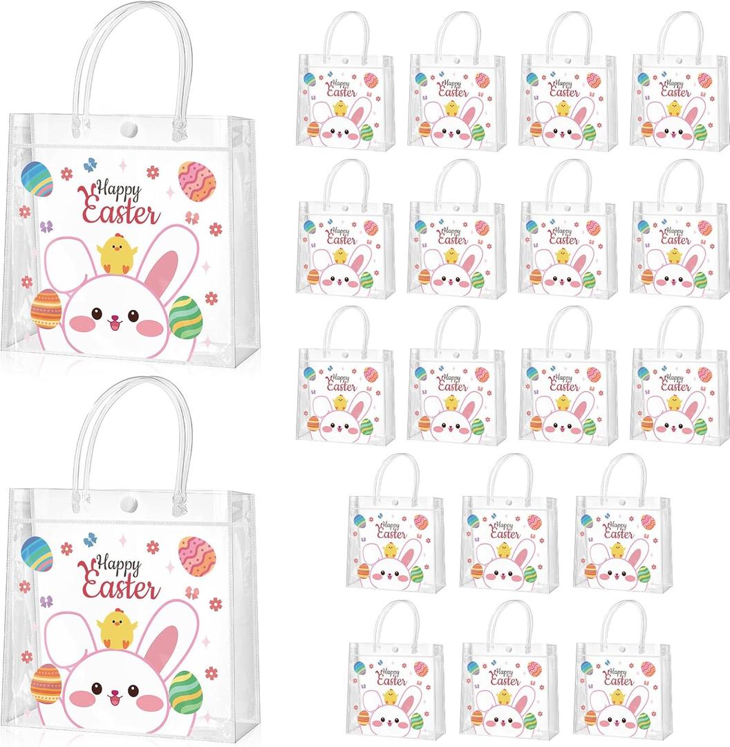 Ovveroche 20 Pcs Easter Bunny Clear PVC Gift Bags with Handles 7.87x7.87x2.76 Inches Reusable Party Favor Bags for Bridal Baby Shower Wedding Birthday Party Supplies Easter Bunny