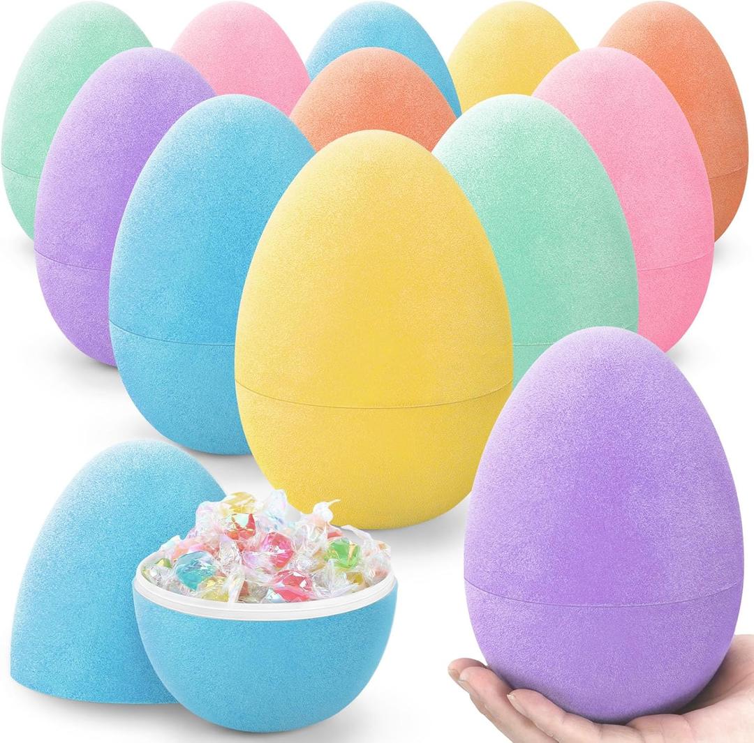 12 Pack 6" Colorful Flocked Easter Eggs Empty Large Fillable Easter Eggs Assorted Colors Plastic Fillable Eggshells Party Favors for Filling Treats Basket Stuffers Table Centerpieces Decor