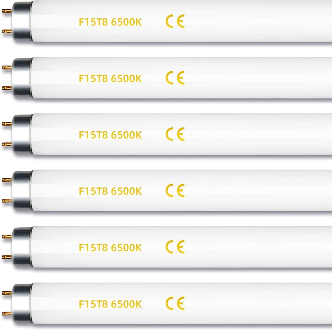 6 Pack F15T8 18 Inch 15W T8 Replacement Tube Bulb Daylight 6500K Medium Bi-Pin G13 Base 6 Count