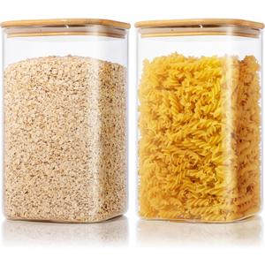 Extra Large Square Glass Flour & Sugar Storage Containers with Airtight Lids, 168 floz - 2 Pack Glass Jars with Bamboo Lids for Pantry, Air tight Food Storage Containers for Cereal, Pasta, Rice