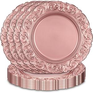 Yinder Set of 12 Antique Charger Plates 13 Inch Plastic Vintage Plate Chargers Decorative Embossed Chargers Engraved Baroque Rim Elegant Tableware Decoration for Dinner Table Wedding (Rose Gold)