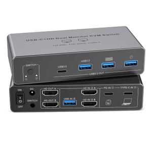 USB C HDMI KVM Switch 2 Monitors 2 Computers,4K@60HZ Dual Monitors KVM Switches for 2 PC/Laptops Share Mouse Keyboard and 2 Screens,4 USB3.0 Devices, Support 100W Charging for Laptop EDID Adaptive
