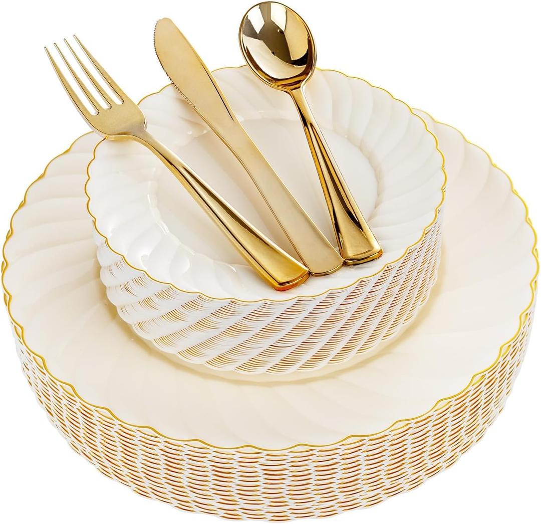 YOUBET 125PCS Scalloped Plastic Plates - Ivory Scalloped Disposable Plates - Gold Plastic Dinnerware Set Include 50 Plates, 75 Gold Silverware for Party & Wedding & Christmas