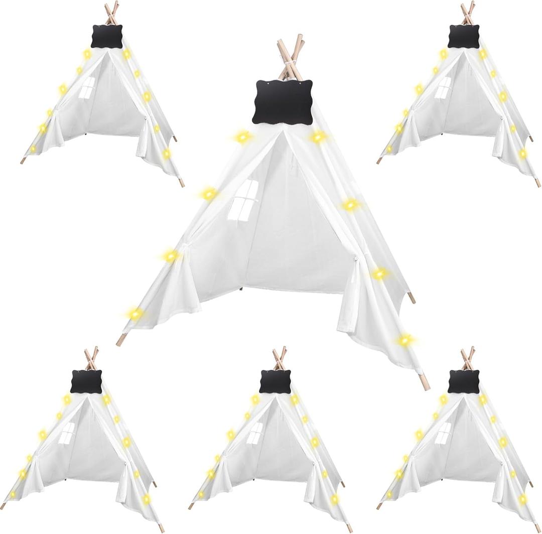 6pcs Teepee Tents Set with Markeable Small Blackboards and 10FT String Lights, Foldable Indoor Outdoor Play Teepee Tent for Girls & Boys, for Birthday Party Boho Sleepovers Party (White)
