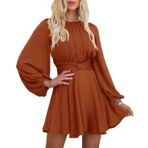 MITILLY Women's Elegant Satin Long Sleeve Round Neck Wrap Tie Waist Flowy Cocktail Party Mini Dress, M