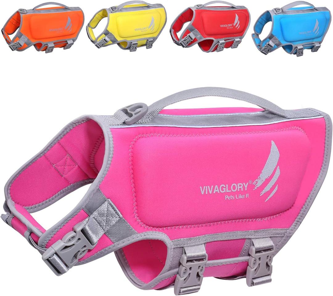 VIVAGLORY Lightweight Dog Life Jacket, Pet Life Preserver Life Vest Skin-Friendly Neoprene for Medium Dogs with D-Ring and Quick Release Buckle, Pink (M: 21-25 inch (Ribcage Girth))