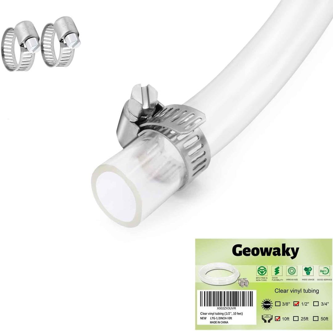 Clear Vinyl Tubing 1/2" ID  5/8" OD -10 Ft 60PSI,Flexible Plastic Tubing,BPA Free Non-Toxic, Multipurpose Hybrid Clear Reinforced Tube with 2 Screw Clamps