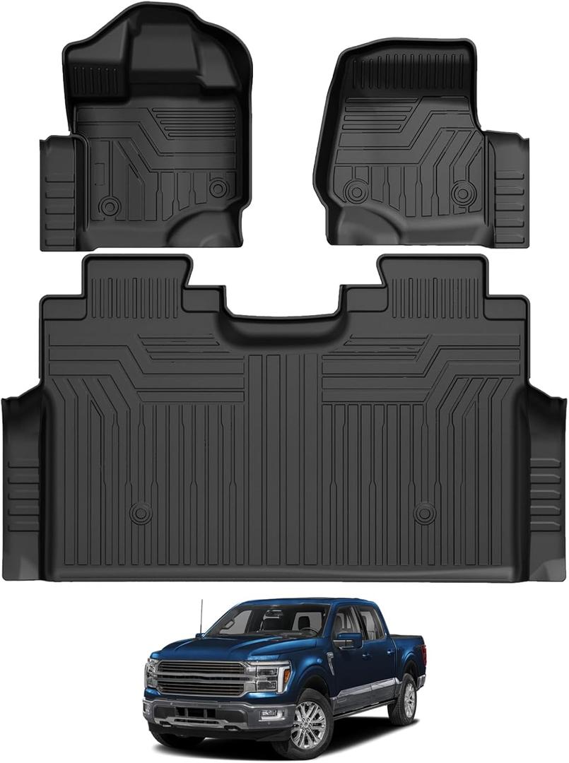 Falafa Floor Mats Fit for 2015-2025 Ford F-150/2022-2025 F150 Lightning SuperCrew Cab(Rear w/o U-Seat Flat Storage), TPE All Weather Floor Liners, Custom Fit F150 Truck Mats, 1st and 2nd Row