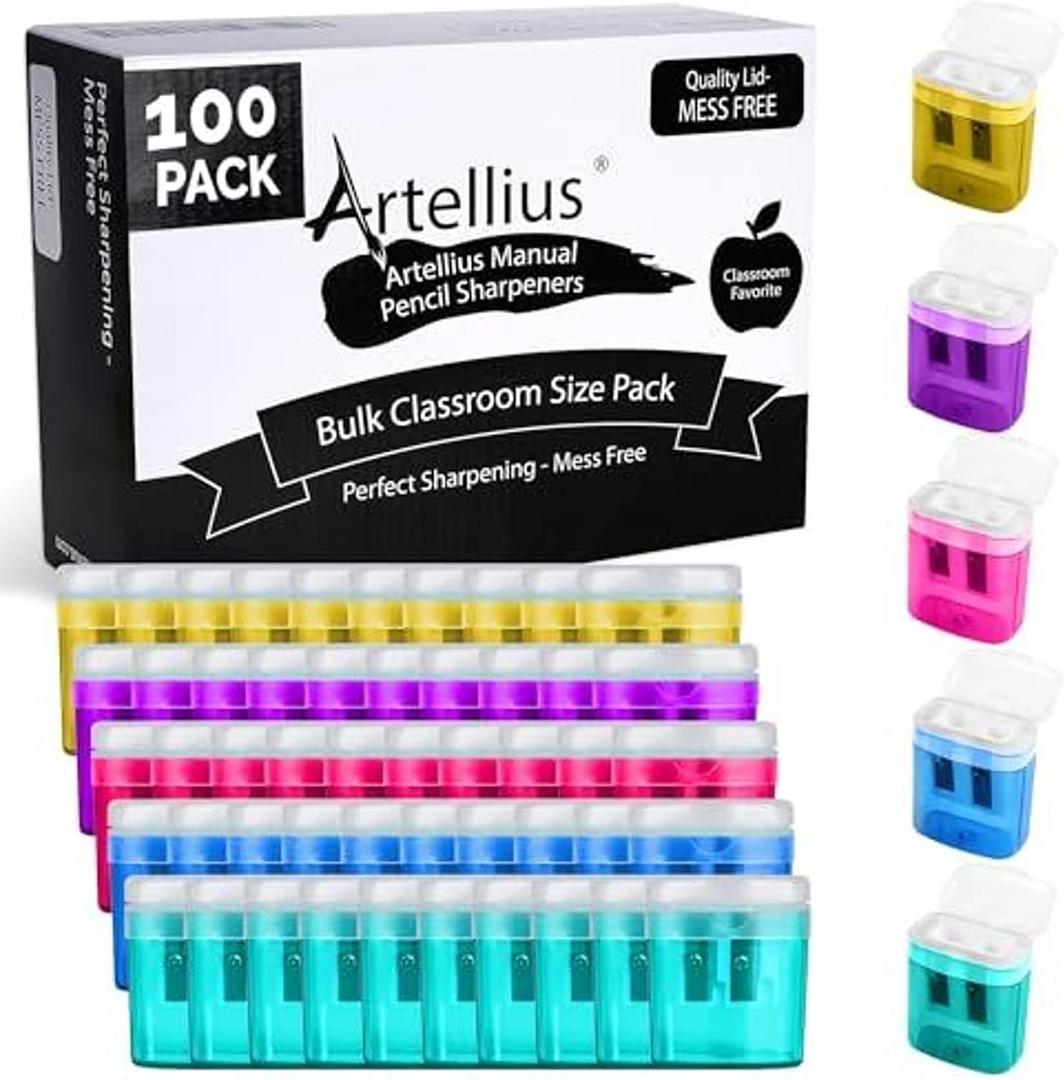 Artellius Bulk Pencil Sharpeners for Classroom - Double Hole, Plastic, Multicolor, 100-Count - Handheld Pencil Sharpener for Kids & School Supplies