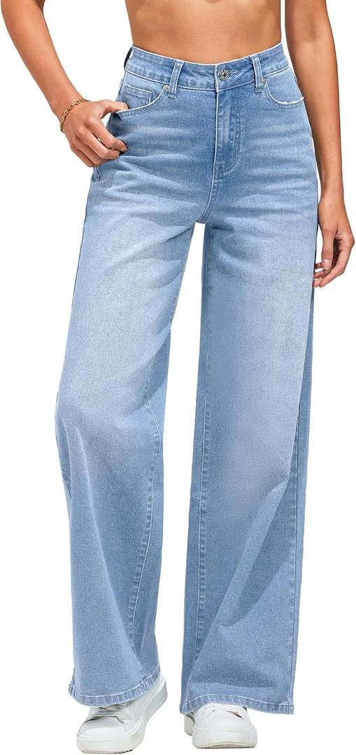 GRAPENT Wide Leg Jeans for Women Trendy High Waisted Stretchy Denim Pants 90s Baggy Jeans Trouser Jeans with Pockets (Medium, Bay Blue)