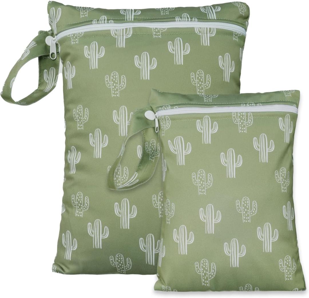 2 Sizes Wet Bags, Waterproof Storage Bag for Baby Diapers and Pump Parts, Reusable Diaper Bag with Zippered Pockets and Handle, Travel Bags, Beach, Pool, Gym Bag for Swimsuits & Wet Clothes, Set of 2 (Green)(36 x 26cm)