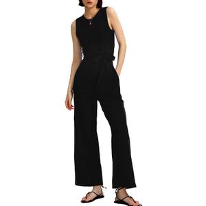 CHERFLY Jumpsuits for Women Dressy Summer Formal Outfits Belted Wide Leg Overalls 2025(Jet Black,S)