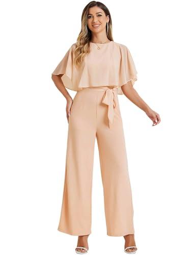 Allegra K Ruffle Sleeve Jumpsuit for Women's Dressy Casual Tie Waist Wide Leg Pants Outfits Apricot, Small