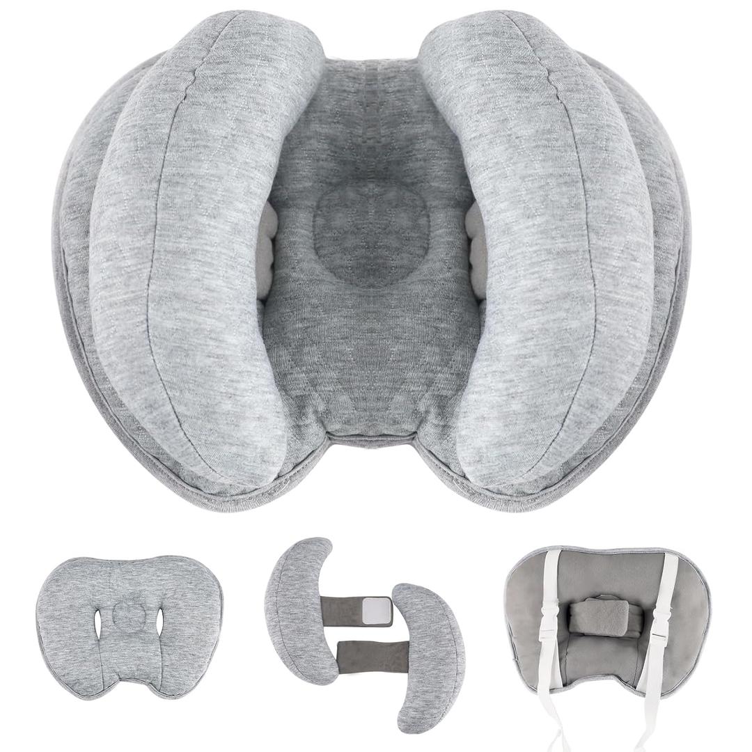 Upgraded 2 in 1 Baby Travel Pillow, Adjustable Straps, Banana Shape Baby Neck Head Support Pillow Stroller Insert Cushion for 4 Months Up Kids, Toddler Grey