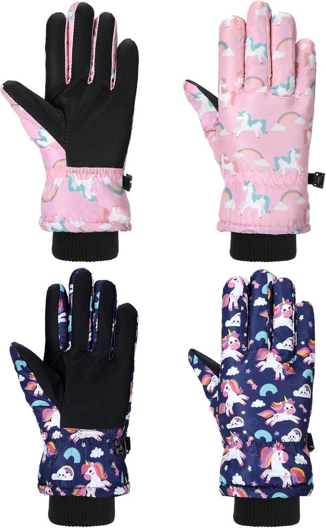 Honoson 2 Pairs Kids Snow Gloves Winter Waterproof Kids Ski Gloves Youth for Girls Boys Outdoor Toddler Snowboard Warm Clothe (4-8 Years, Unicorn Pattern)