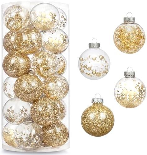 AMS 24ct Clear Christmas Ball Ornaments, 2.36''/60mm Shatterproof Hanging Xmas Balls Baubles Set for Christmas Tree with Stuffed Delicate Decorations for Wedding Christmas (Gold)
