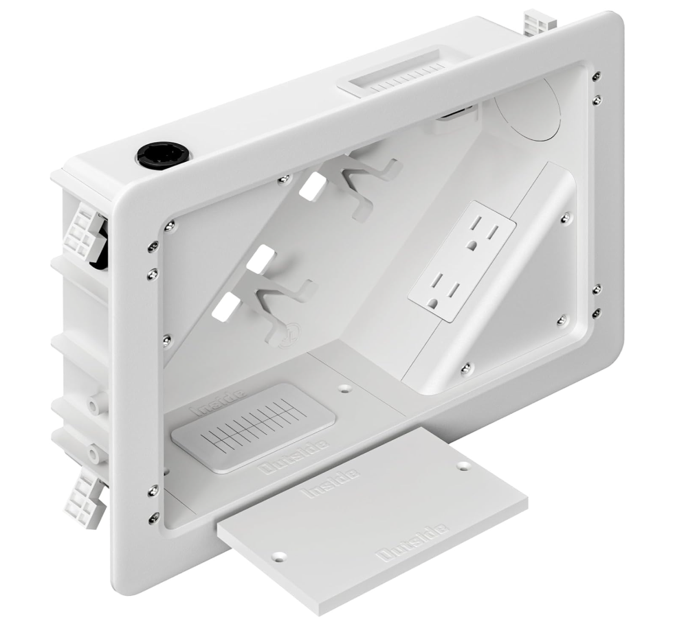 inWall TV Box with Flange for Home Theater Installation, 11.9" x 8.4" Cord Hider for Wall Mounted TV, with 2 Outlets, Cable Bracket, LV Cable & 11/2" ENT Entrance, Ideal for New or Retrofit Job