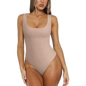 REORIA Bodysuit for Women Scoop Neck Sleeveless Tank Top Bodysuits 2025 Sexy Thong Bodysuit Basic Leotards for Women L