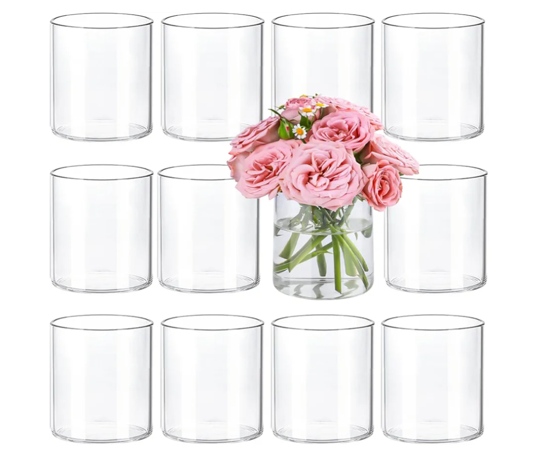 12pcs Glass Cylinder Vases for Centerpieces, 4 Inch Clear Flowers Vase for Wedding Decorations, Glass Hurricane Candle Holder for Home Decor Table Centerpiece