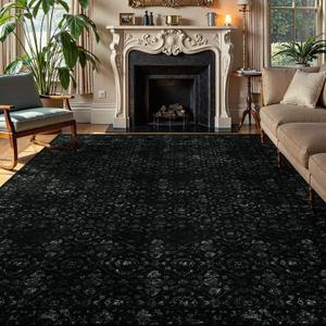 Vintage Black Rug for Living Room 9x12, Ultra-Thin Washable Large Area Rugs for Dining Room Non Slip, Stain Resistant Bedroom Rug for Home High Traffic Area (9'x12', Black)