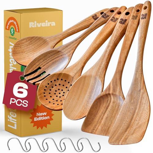 Pack of 2, Riveira's 6-Piece Kitchen Essentials - Wooden Spoons for Cooking and Comprehensive Cooking Utensils Set